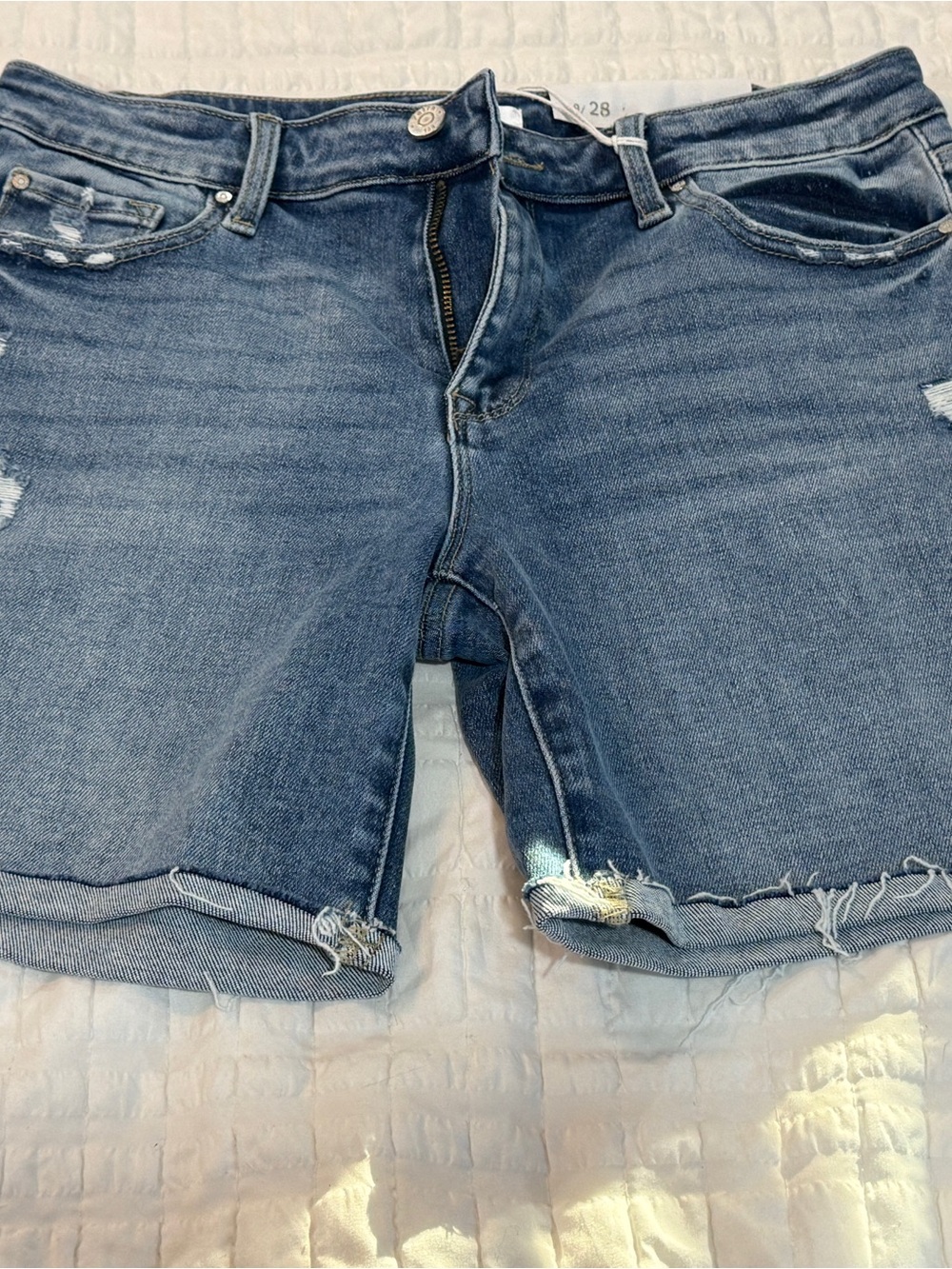 High-Waist Distressed Denim Bermuda Shorts in Blue